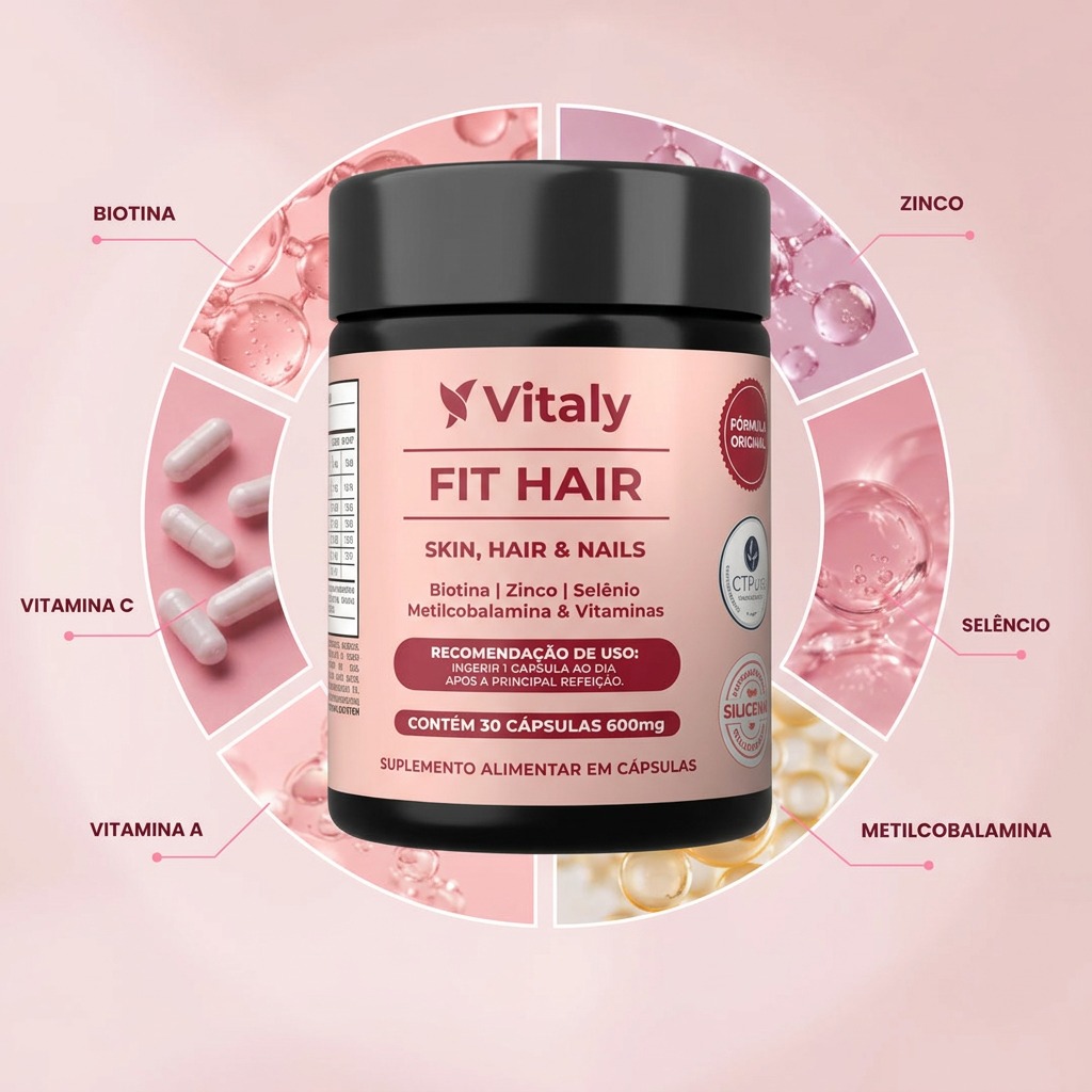 Vitaly Fit Hair com os ingredientes em destaque