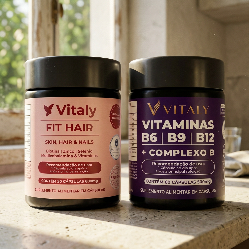 Imagem ilustrativa do kit Vitaly Fit Hair e Vitaminas B sobre uma mesa